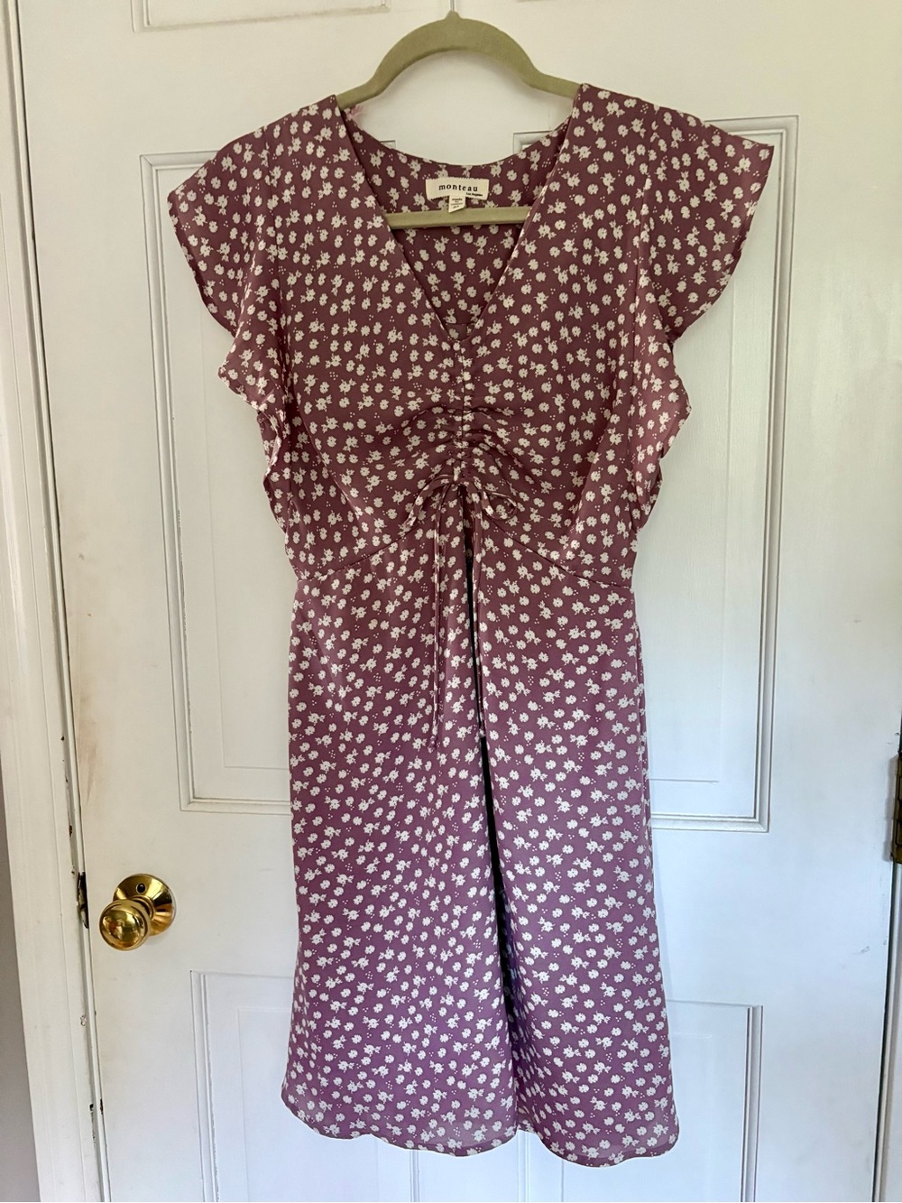 Lilac Floral Ruched V-Neck Midi Dress